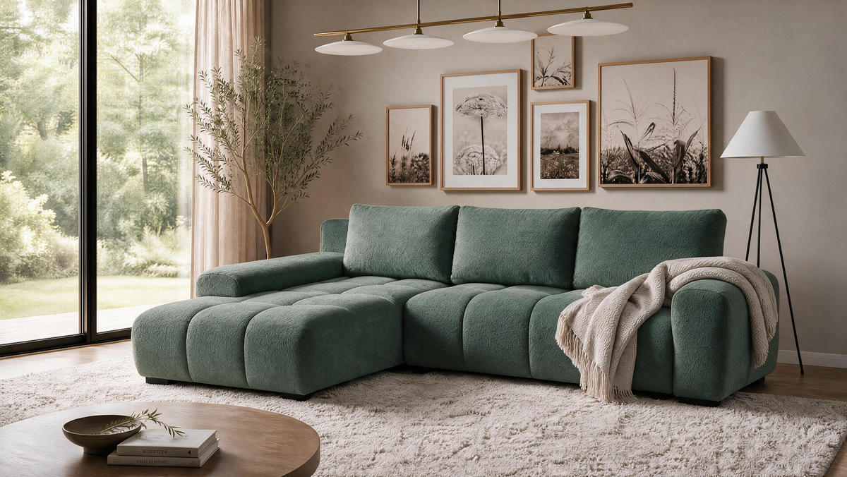 ECKSOFA Ovia mit Bettkasten und Schlaffunktion, Bouclé-Stoff in L-Form - Grün, Textil (270/185cm)