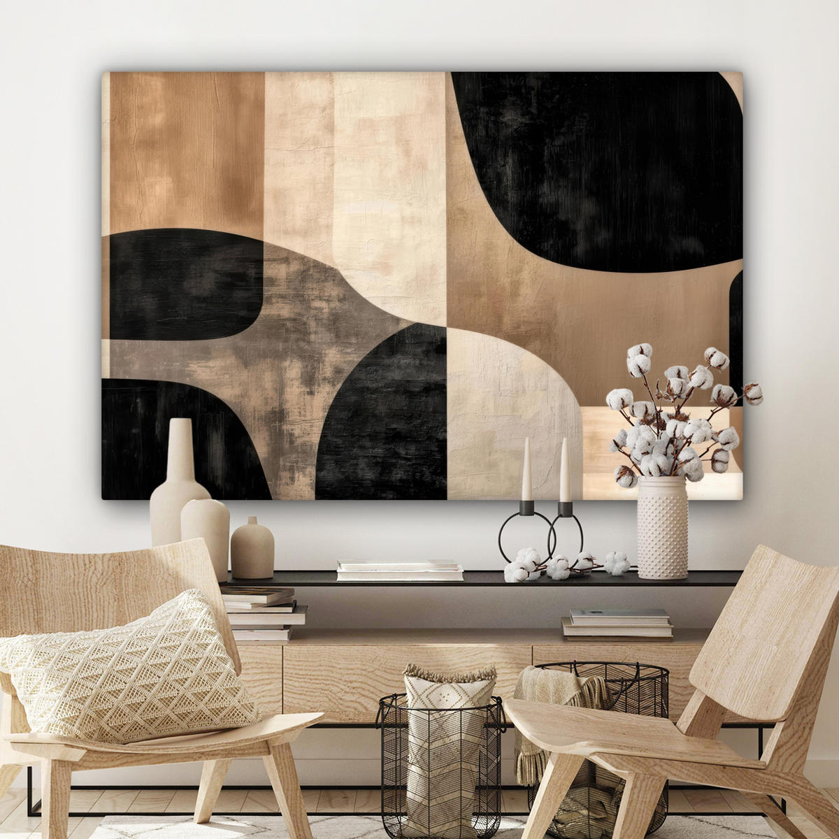 LEINWANDBILD Abstrakt - Flugzeuge - Schwarz - Rund Groß 140x90 cm - Beige, Textil (140/90cm) - MuchoWow