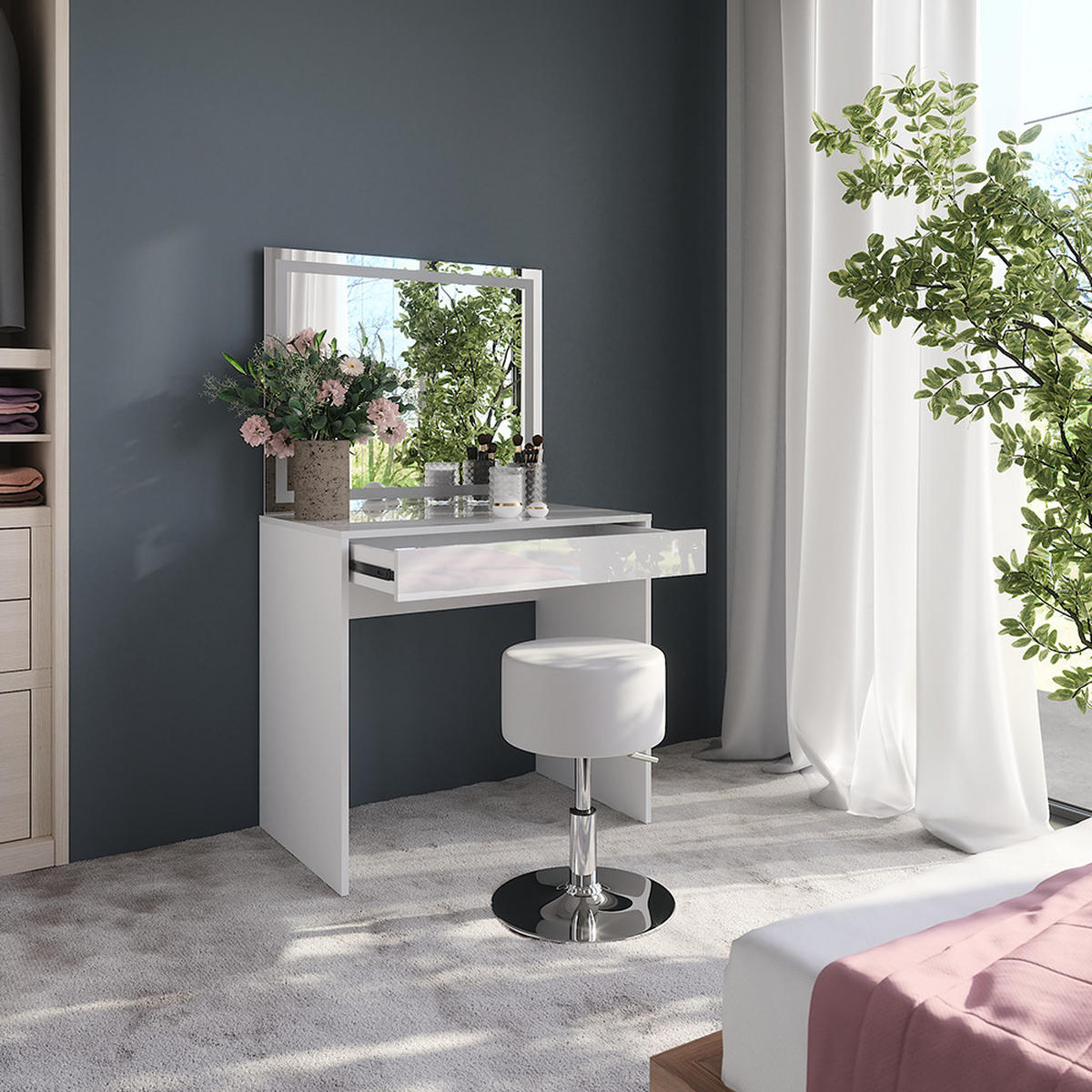 SCHMINKTISCH Sherry Weiß/Weiß Hochglanz 81.4 cm mit LED-Spiegel und Hocker - Weiß Hochglanz, Holzwerkstoff (81.4/76/50.1cm) - Vicco