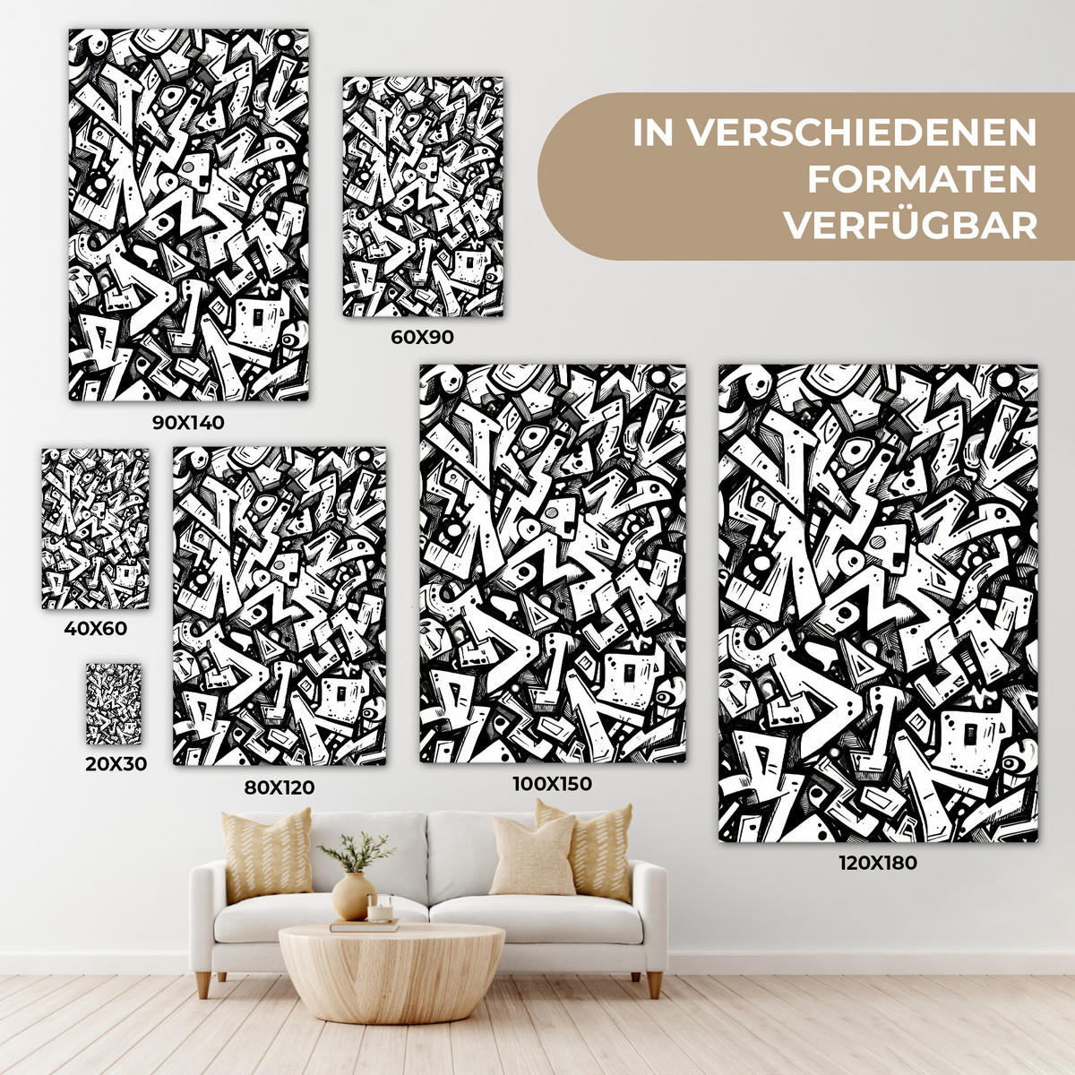 LEINWANDBILD Formen - Buchstaben - Graffiti - Schwarz Deko Groß 90x140 cm - Schwarz, Textil (90/140cm) - MuchoWow