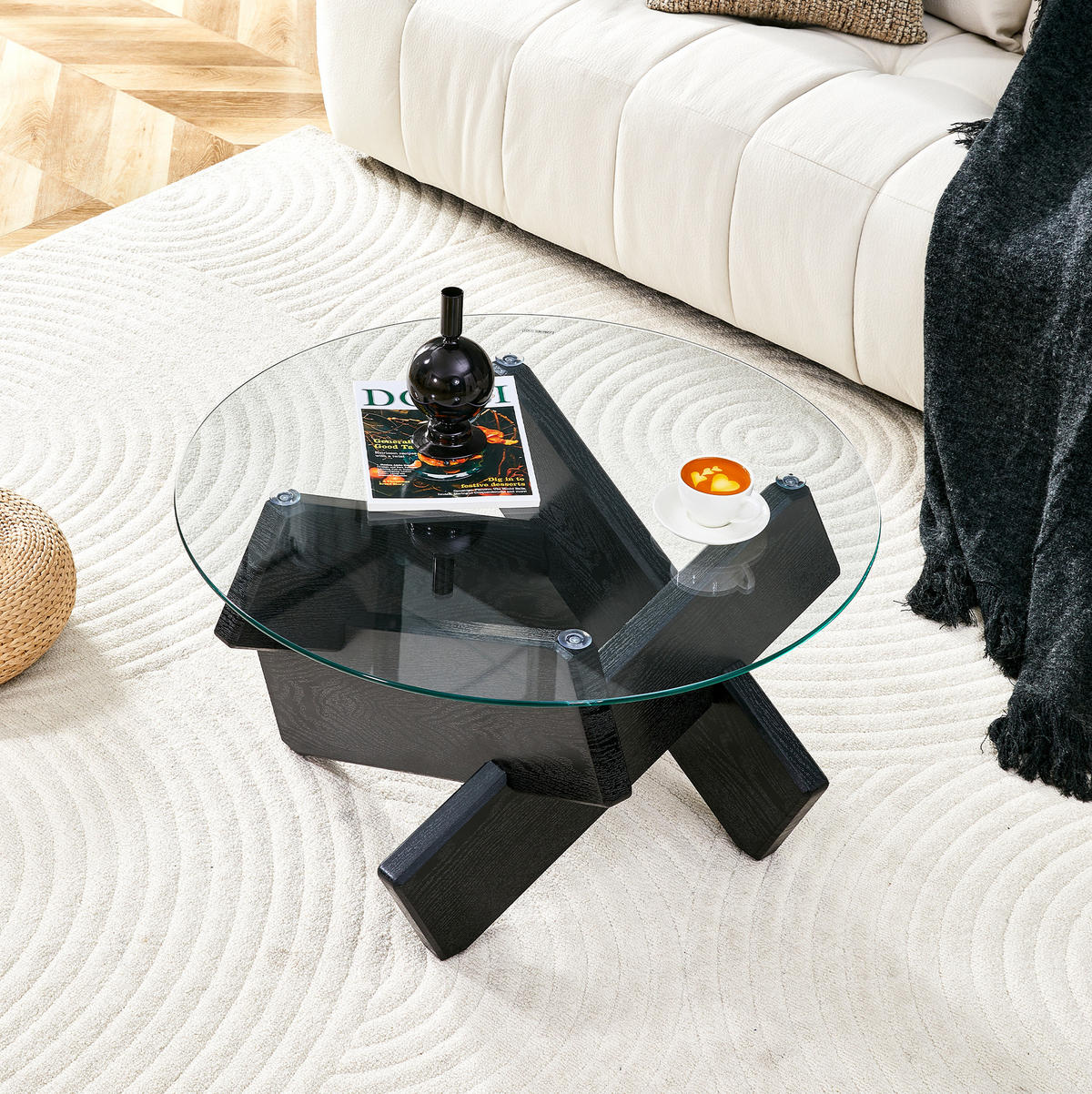 COUCHTISCH 79 cm rund Black und Transparent aus MDF und Glas mit Kreuz-Stütze - Schwarz, Holzwerkstoff (79/79/45cm) - OKWISH