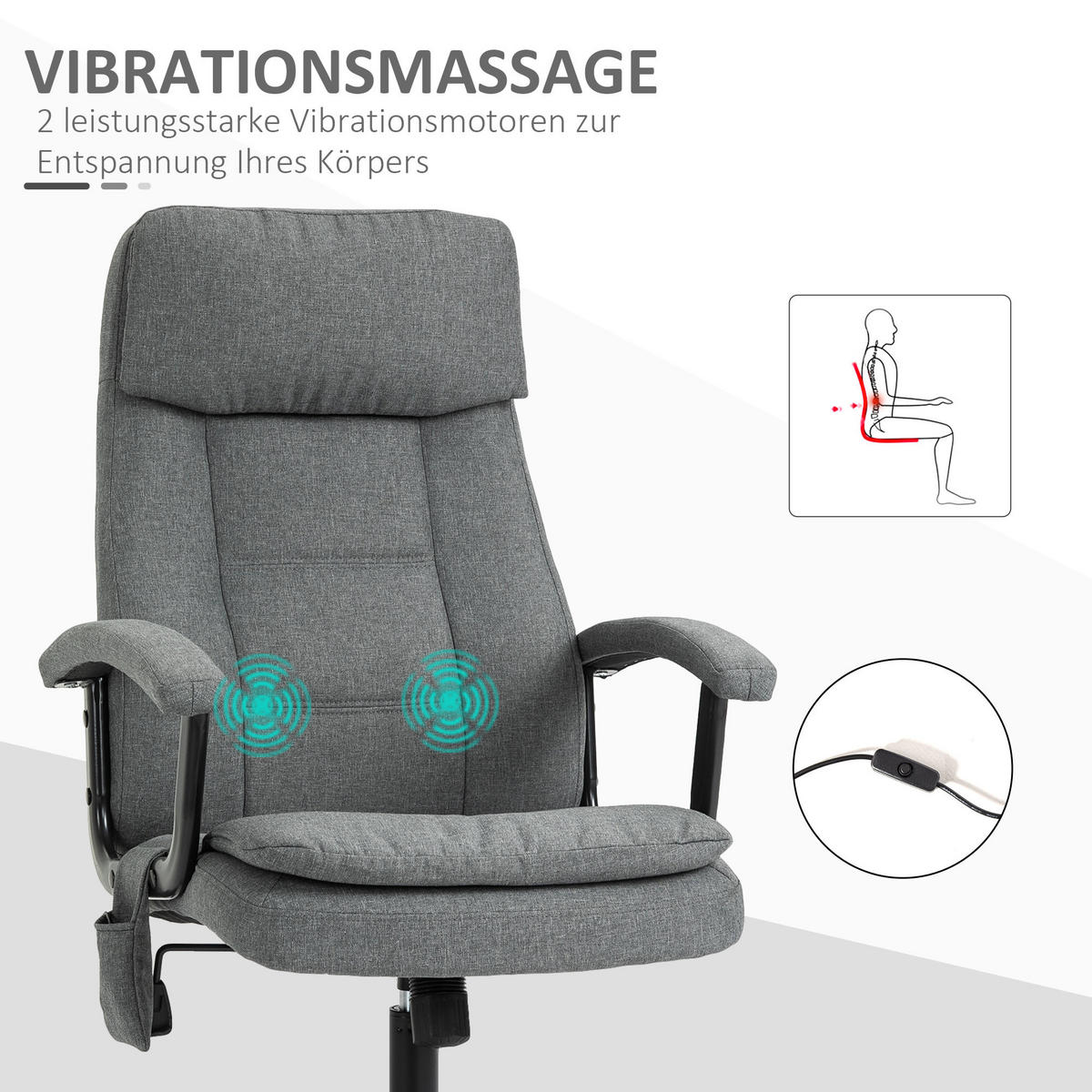 MASSAGEBÜROSTUHL Drehstuhl höhenverstellbar Lendenwirbelsäulenmassage Grau - Grau, Kunststoff (70/121/63cm) - Vinsetto