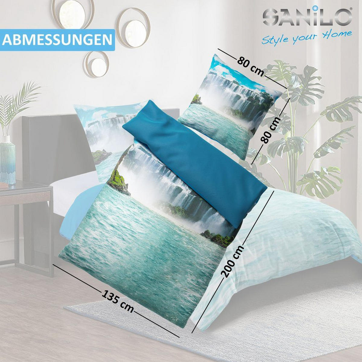 BETTWÄSCHE 4-teilig Wasserfall - Blau, Naturmaterialien (135/200cm) - Sanilo