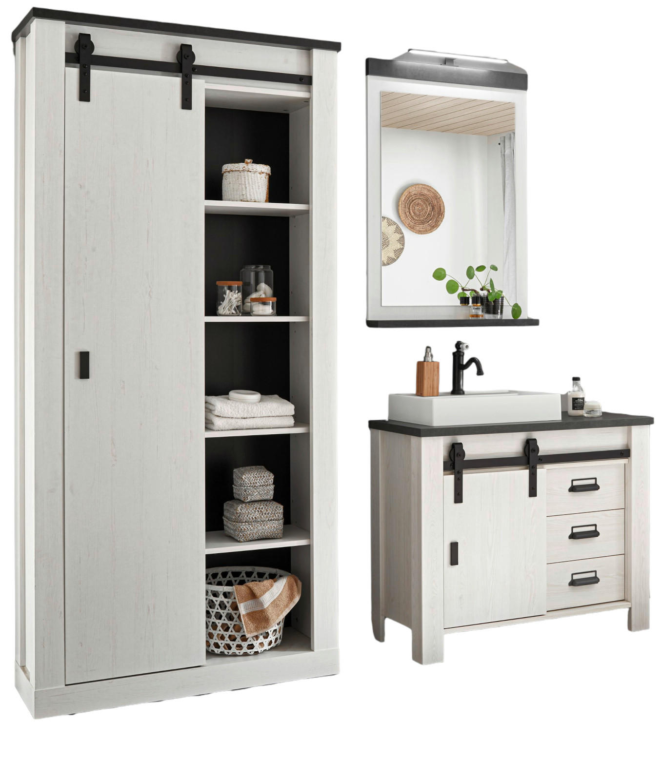 BADMÖBEL-SET 5-teilig weiß Pinie, anthrazit Landhaus, Badkombination mit Waschbecken und Spiegellampe - Anthrazit/Weiß, Holzwerkstoff/Metall (208/210/43cm) - Furn.Design