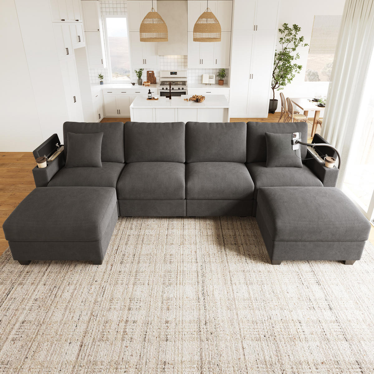 WOHNLANDSCHAFT 275.5/139/87 cm Grau mit Schlaffunktion, Handyhalter und USB-Ladeanschluss - Grau, Textil (275.5/87/139cm) - Oxeza