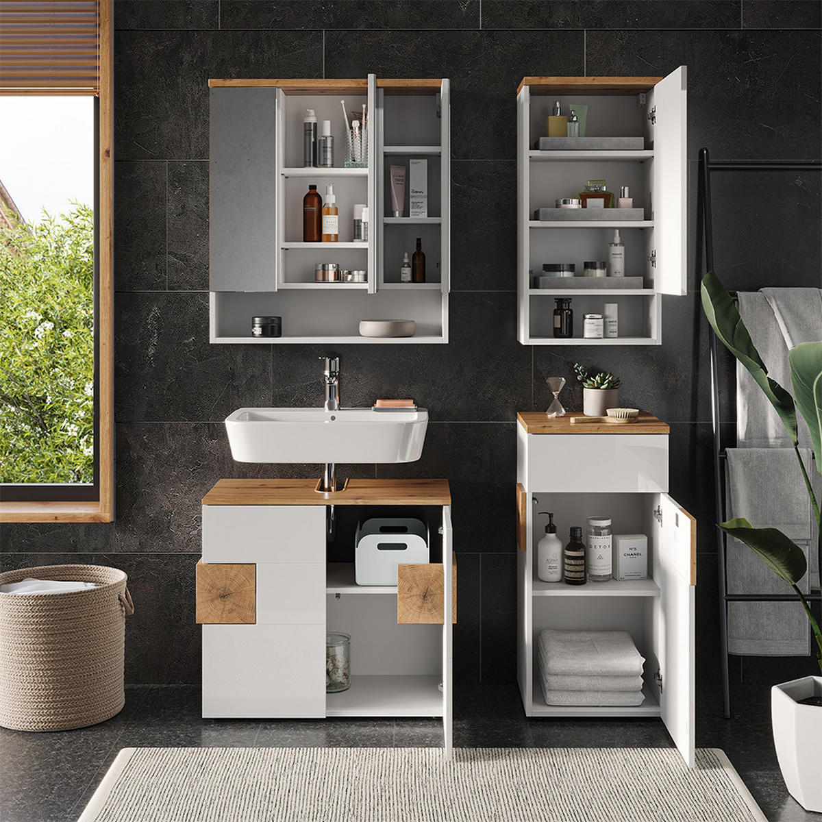 BADMÖBEL-SET Eden Weiß 4 Teile - Weiß Hochglanz, Holzwerkstoff (73/64/37cm) - Vicco