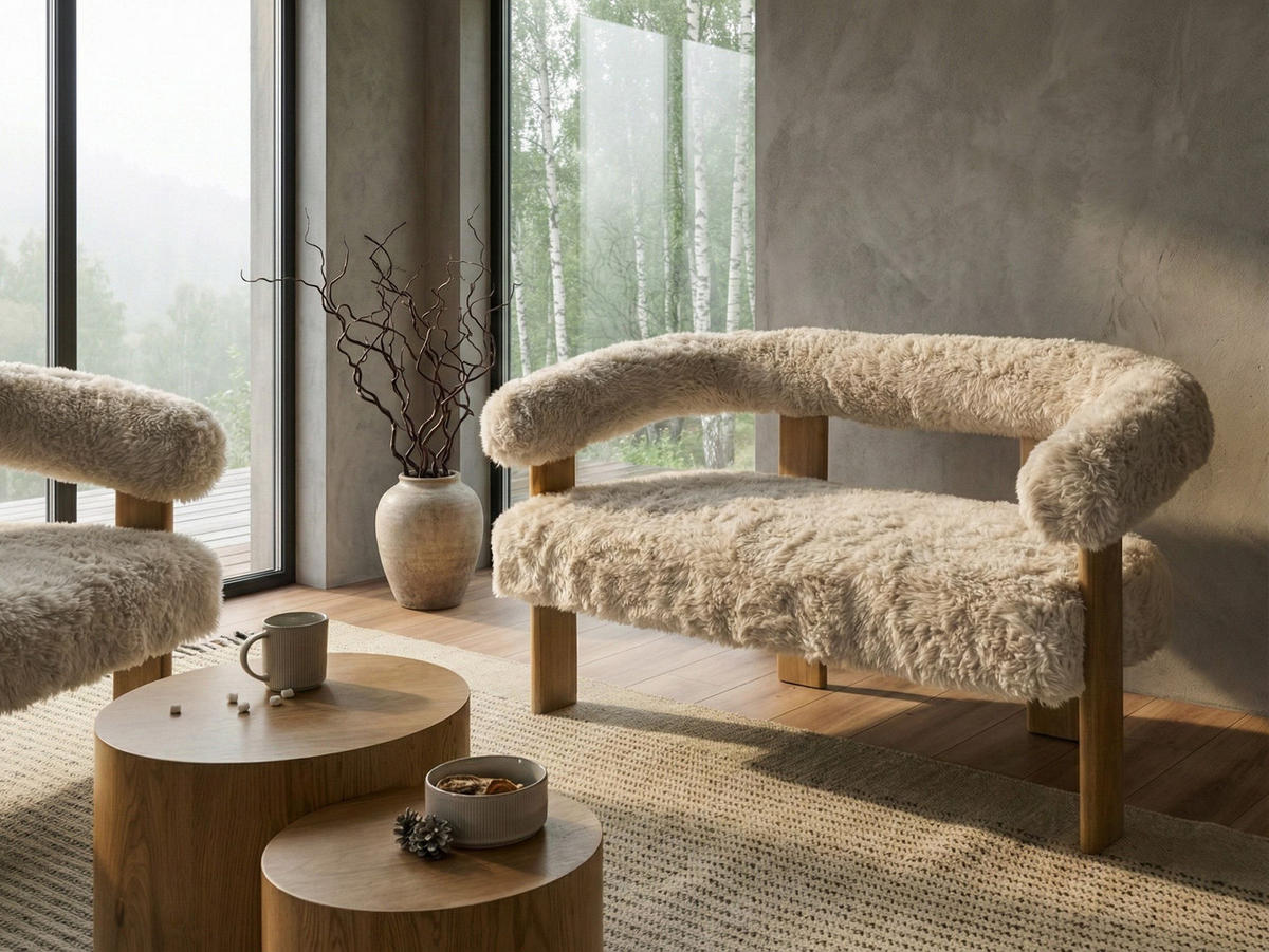 2-SITZER-SOFA Webpelz Cremeweiß/Hellbraun Ilbro - Creme, Textil (138/76/68cm) - Beliani