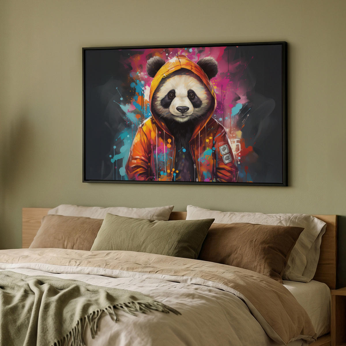 LEINWAND Bilder mit Rahmen - Panda - Jacke - Graffiti - Orange - 90x60 - Orange, Textil (90/60cm) - MuchoWow