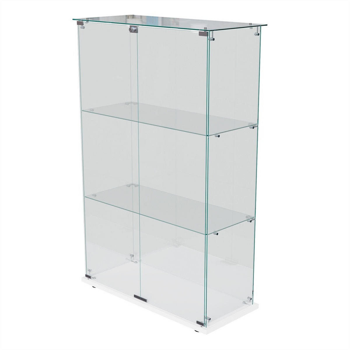 VITRINE - Glasvitrine mit 2 Türen und 3 Ebenen - integrierte LED-Spot-Beleuchtung - Weißer Holzboden - Weiß, Glas (78.5/123.3/35cm) - DELFA