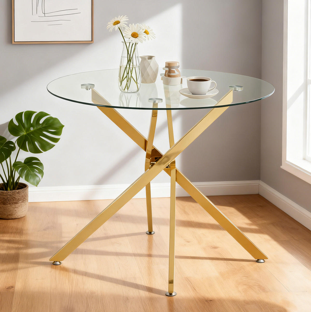 ESSTISCH 80/76/80 cm Gold aus Glas und Metall mit Kreuzfuß - Goldfarben, Metall (80/80/76cm) - OKMYHOME