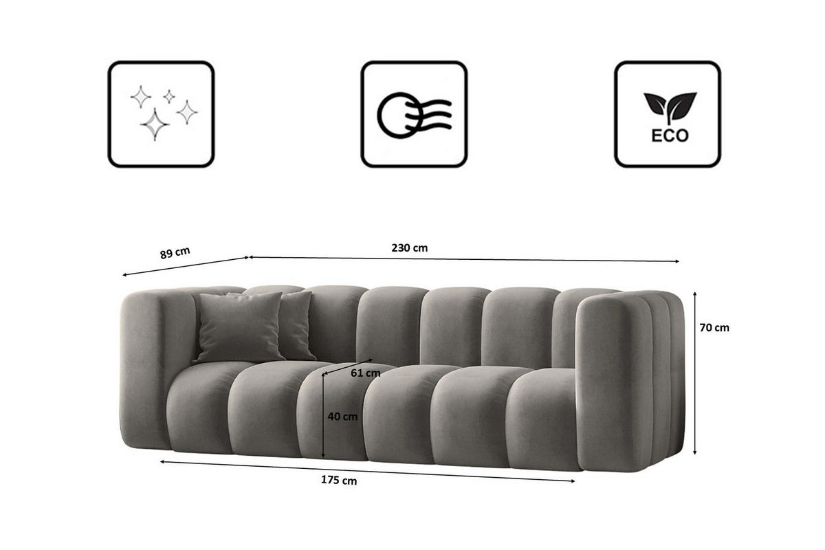 COUCH Dreisitzer-Sofa Grand Modular Stoff Salvador Grau - Grau, Holz (230/70/91cm) - Kaiser Möbel