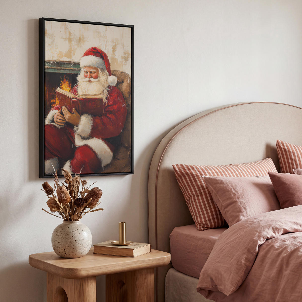 LEINWAND Bilder mit Rahmen - Weihnachten - Weihnachtsmann - Winter - Open Fireside - 40x60 - Dunkelrot, Textil (40/60cm) - MuchoWow