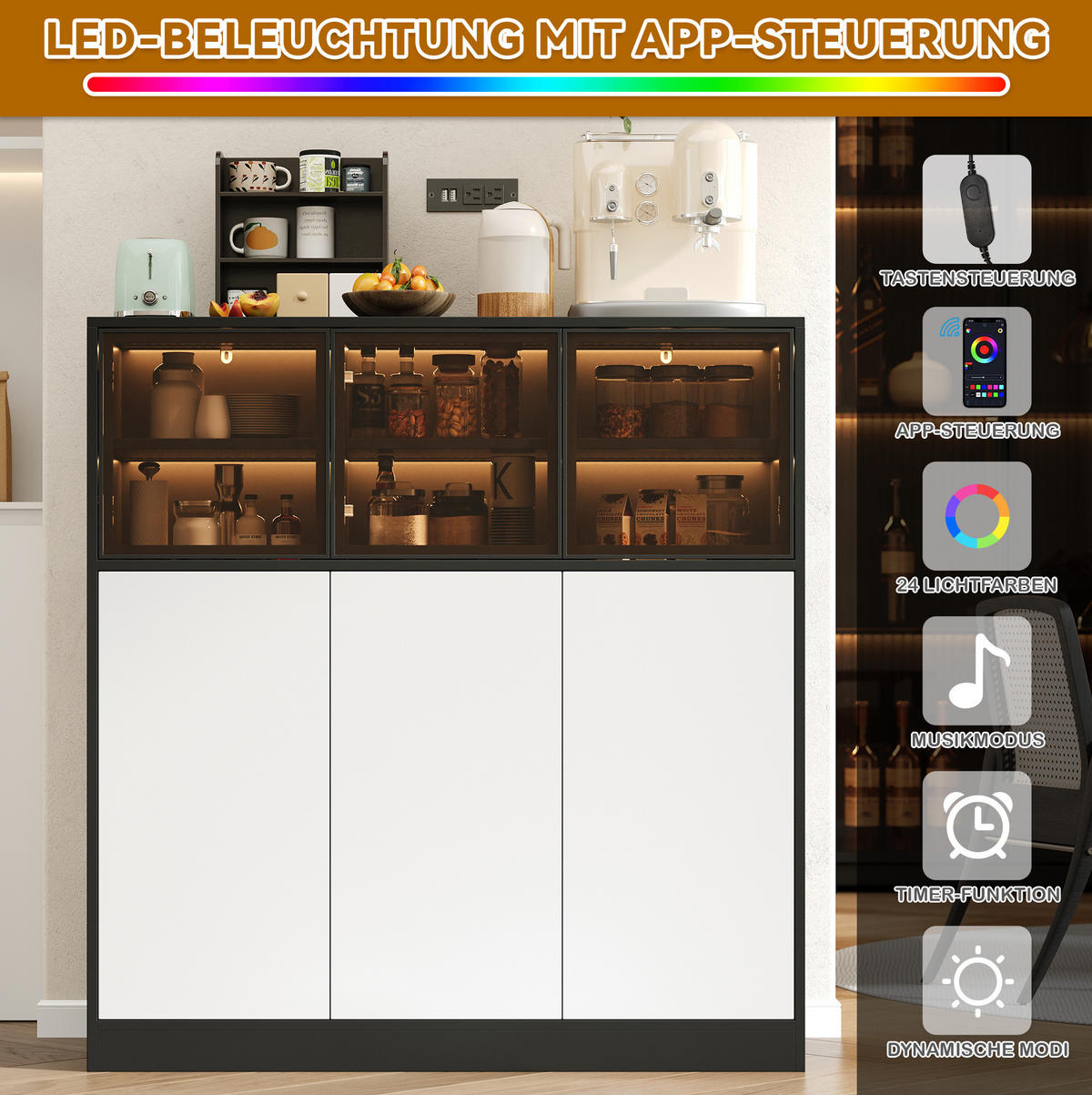 SIDEBOARD 100/40/105 cm schwarz/weiß aus Glas und Spanplatte mit LED - Schwarz, Glas (100/105/40cm) - OKWISH