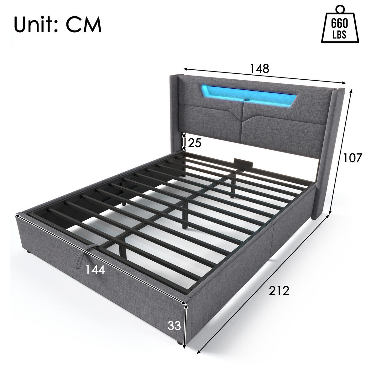 POLSTERBETT mit LED und USB/Type-C 140x200 cm Leinen Grau - Grau, Metall (140/200cm) - Meubliv