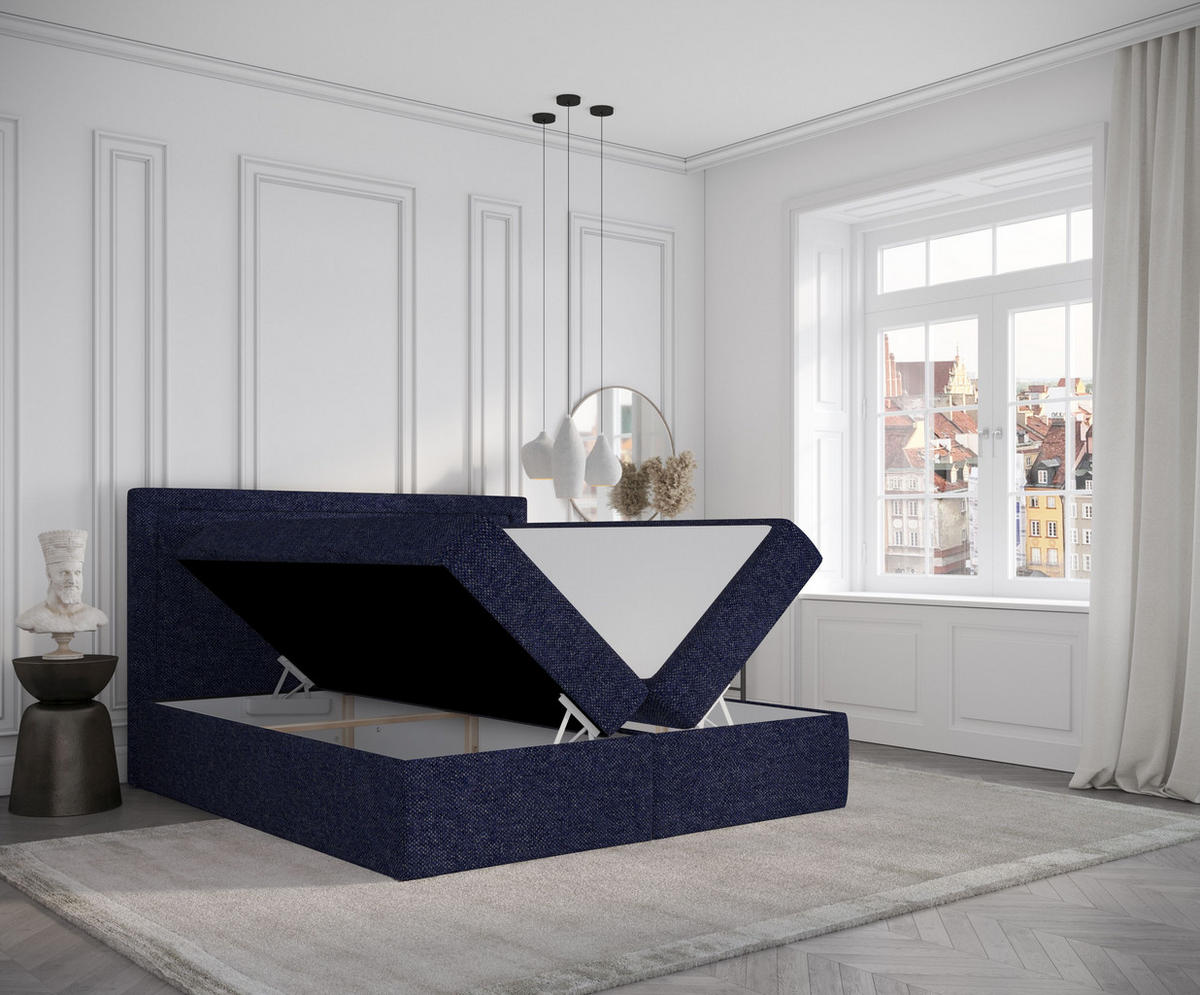 BOXBETT Tribeca Marineblau 180/200 cm mit Taschenmatratze und Topper - Schwarz/Dunkelblau, Holz/Holzwerkstoff (180/200cm) - Maison de Reve