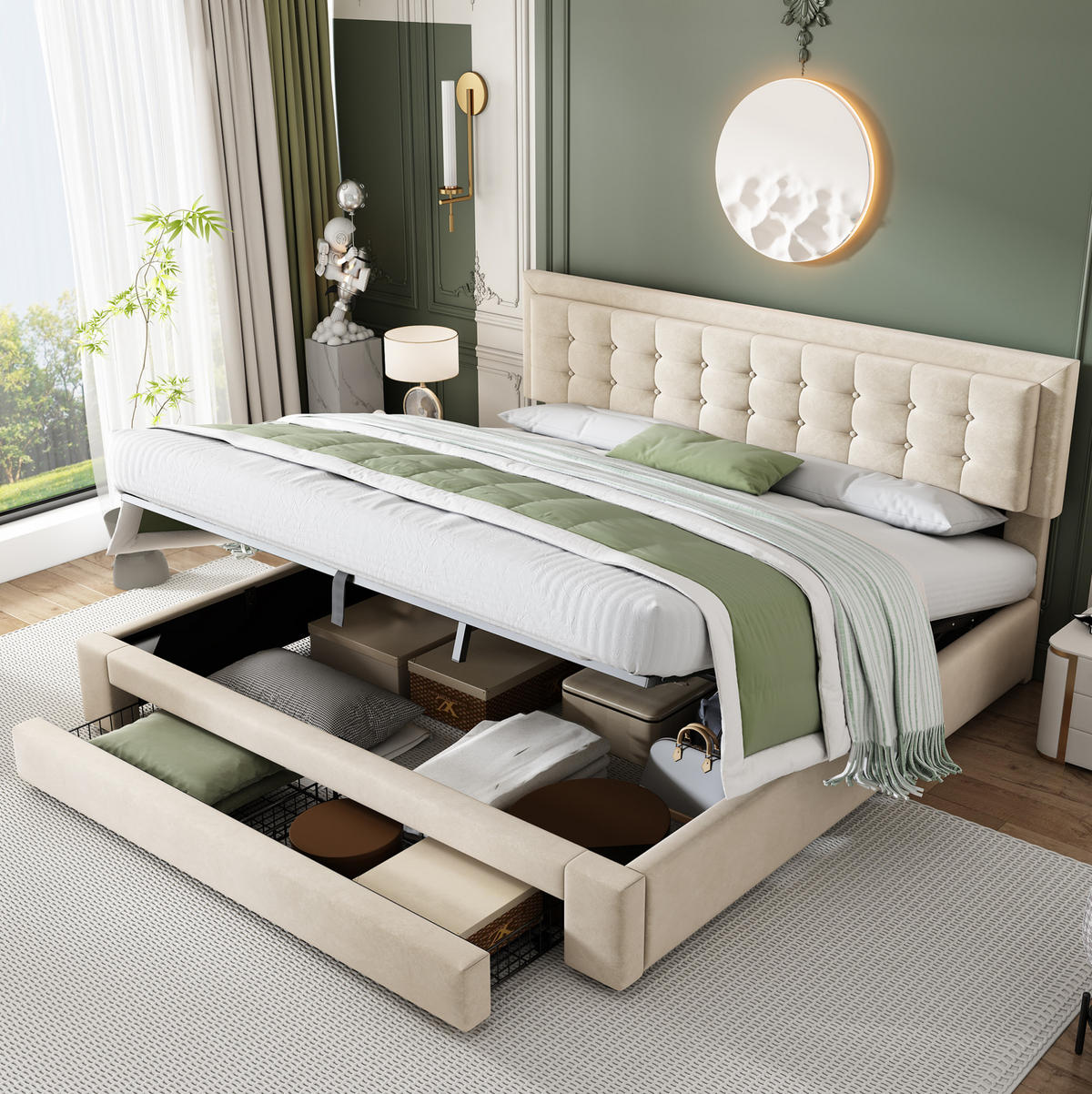 BETT mit Bettkasten und Schubladen 160x200 cm Samt Beige - Beige, Metall (160/200cm) - Meubliv