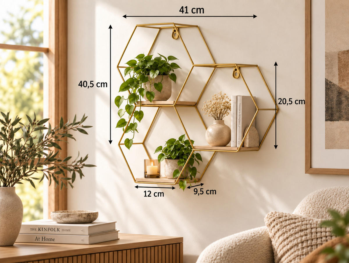 WANDREGAL Dreifaches sechseckiges aus Metall - 40,5 x 41 cm - Gold - Goldfarben, Metall (41/40.5/10.5cm) - IVOL