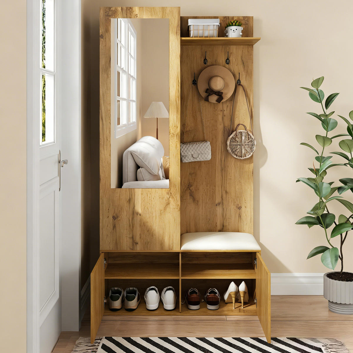 GARDEROBE 100/191/38 cm Schwarz/Natur aus MDF mit Spiegel und Schuhschrank - Schwarz, Holzwerkstoff (38/191/100cm) - OKMYHOME