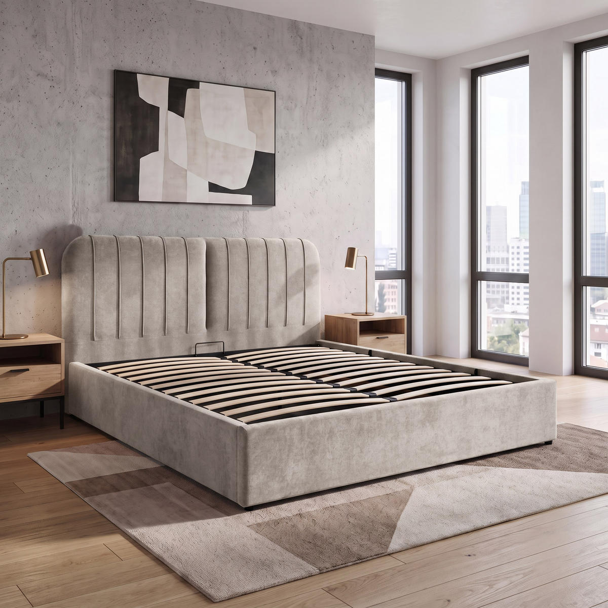 ČALOUNĚNÁ POSTEL Livre bez matrace, s úložným prostorem, plynovými písty, 160x200 cm, žinylková látka, tmavě béžová - kapučínová, textil (160/200cm) - Beautysofa