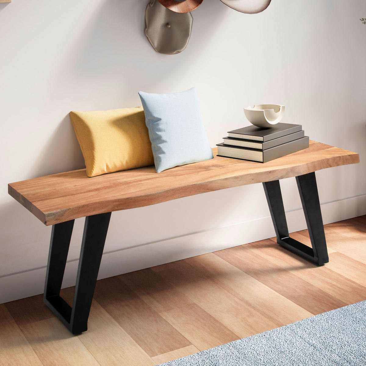 SITZBANK – Akazie Massivholz/Metall, 120x40x45,5 cm, mit Baumkante, U-Beine - Schwarz/Braun, Holz/Metall (120/46/40cm) - KADIMA DESIGN