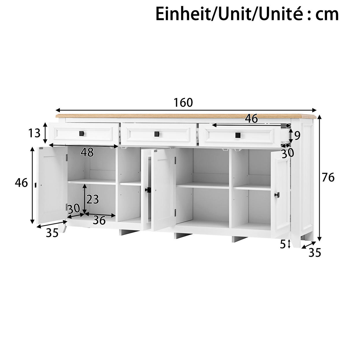 SIDEBOARD 160x35x76 cm Stauraum - Weiß, Holz (160/76/35cm) - Fortuna Lai