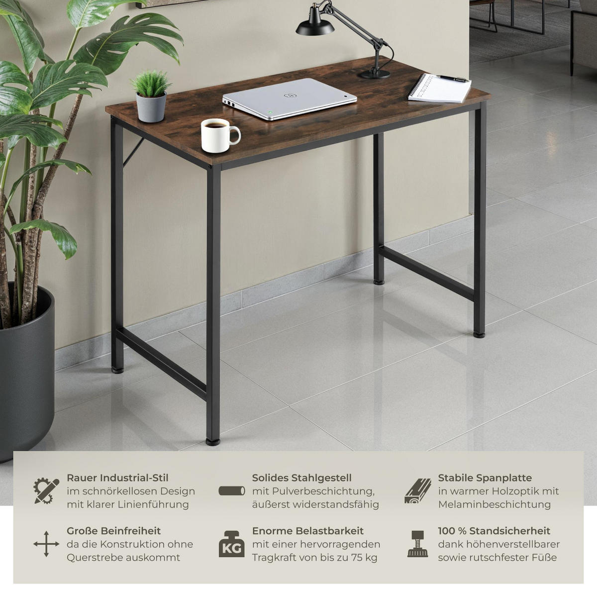 SCHREIBTISCH Jenkins, Höhe 75, 5 cm, Industrial Holz dunkel, rustikal - Rostfarben, Holzwerkstoff (50/100/75.5cm) - tectake