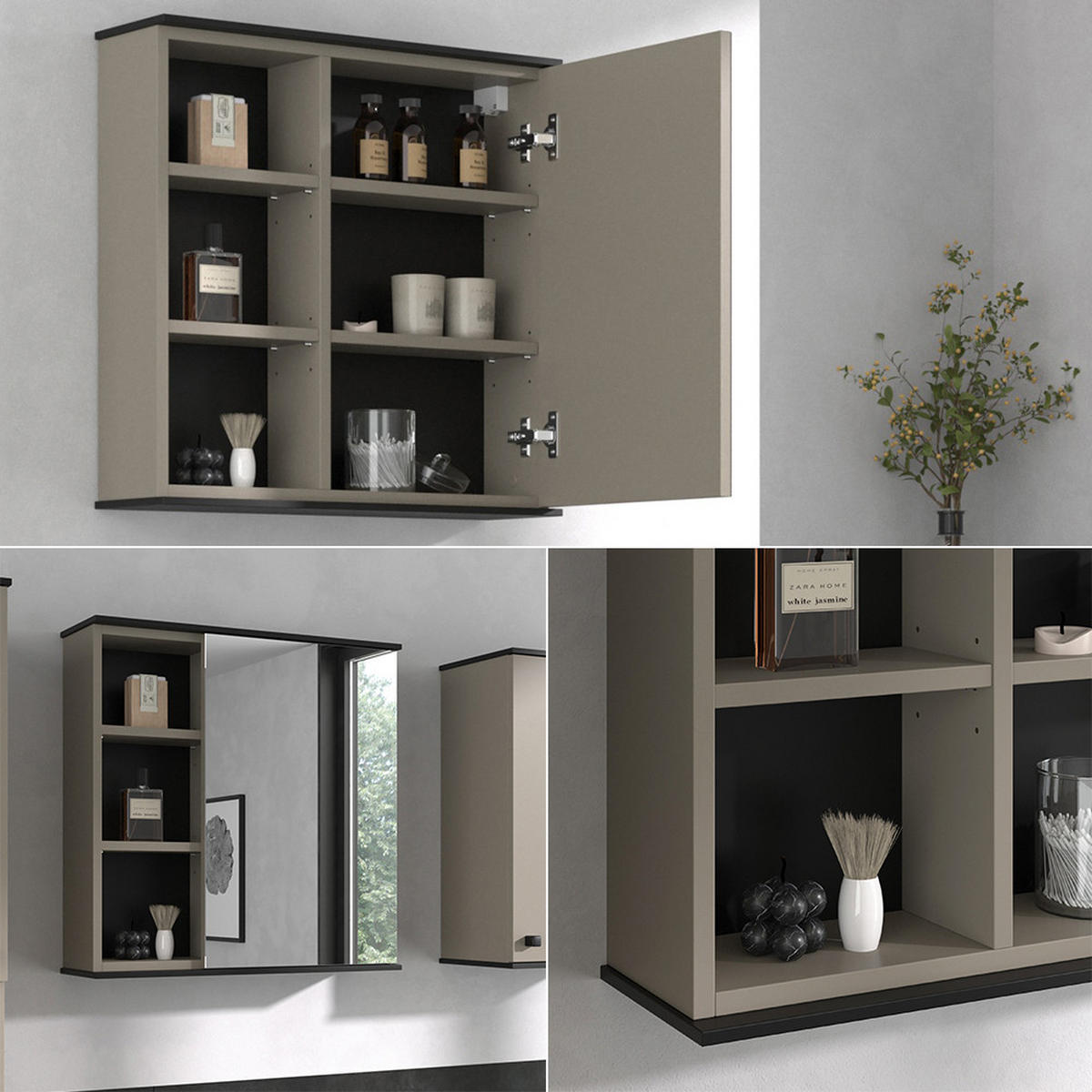 BADSPIEGELSCHRANK Joli Greige 60 x 60 cm mit Spiegel - Greige/Schwarz, Holzwerkstoff (60/60/17.4cm) - Vicco