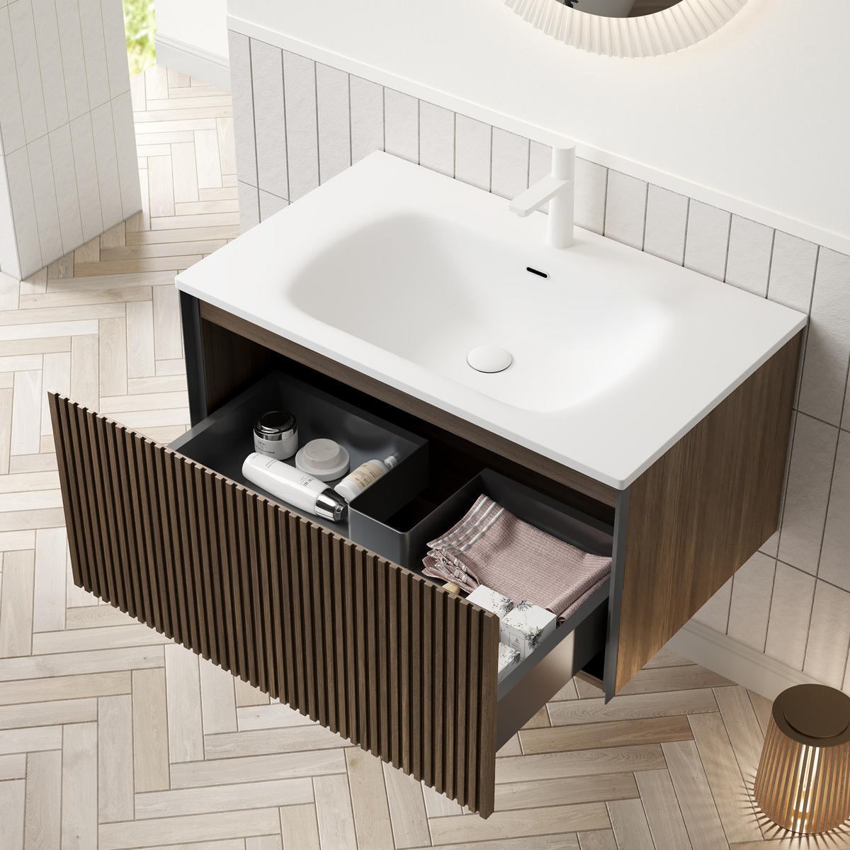 WASCHTISCH mit Schublade 80 cm Eichenoptik Weiß - Schwarz, Holz (46/41.8/80cm) - Beauniv