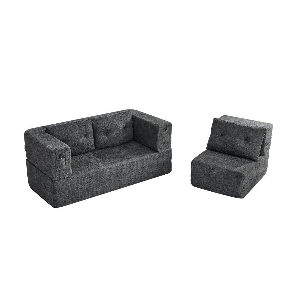 SCHLAFSOFA klappbar mit modularem Sessel, Memory-Schaum und Seitentaschen, Dunkelgrau - Dunkelgrau, Textil (199/39/194cm) - Redom