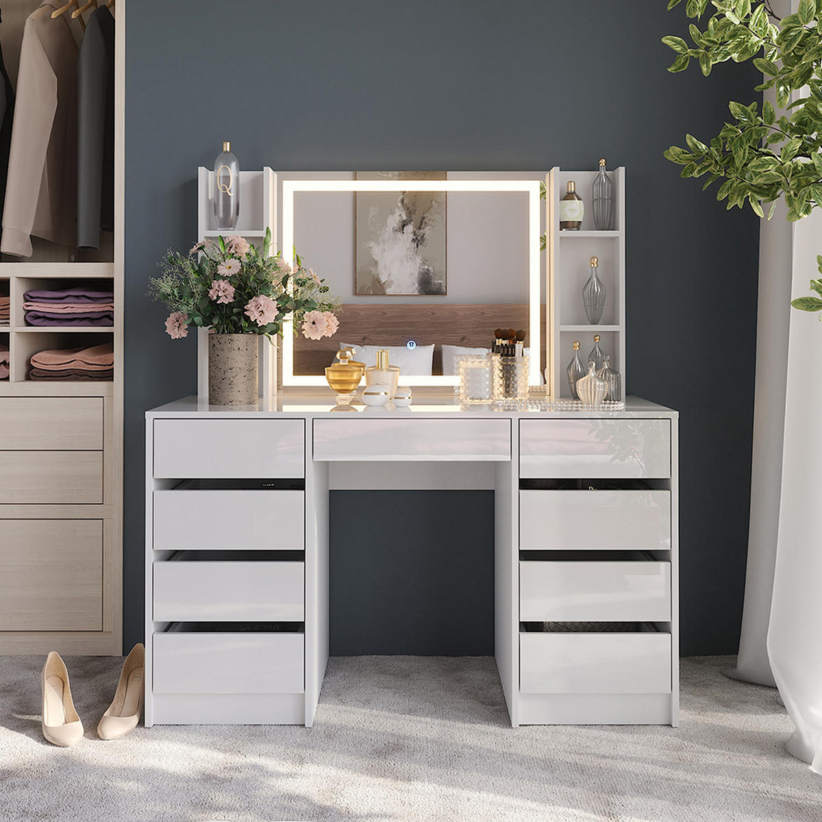 SCHMINKTISCH Sherry Weiß/Weiß Hochglanz 128.2 cm 4 Teile - Weiß Hochglanz, Holzwerkstoff (128.2/76/50.1cm) - Vicco