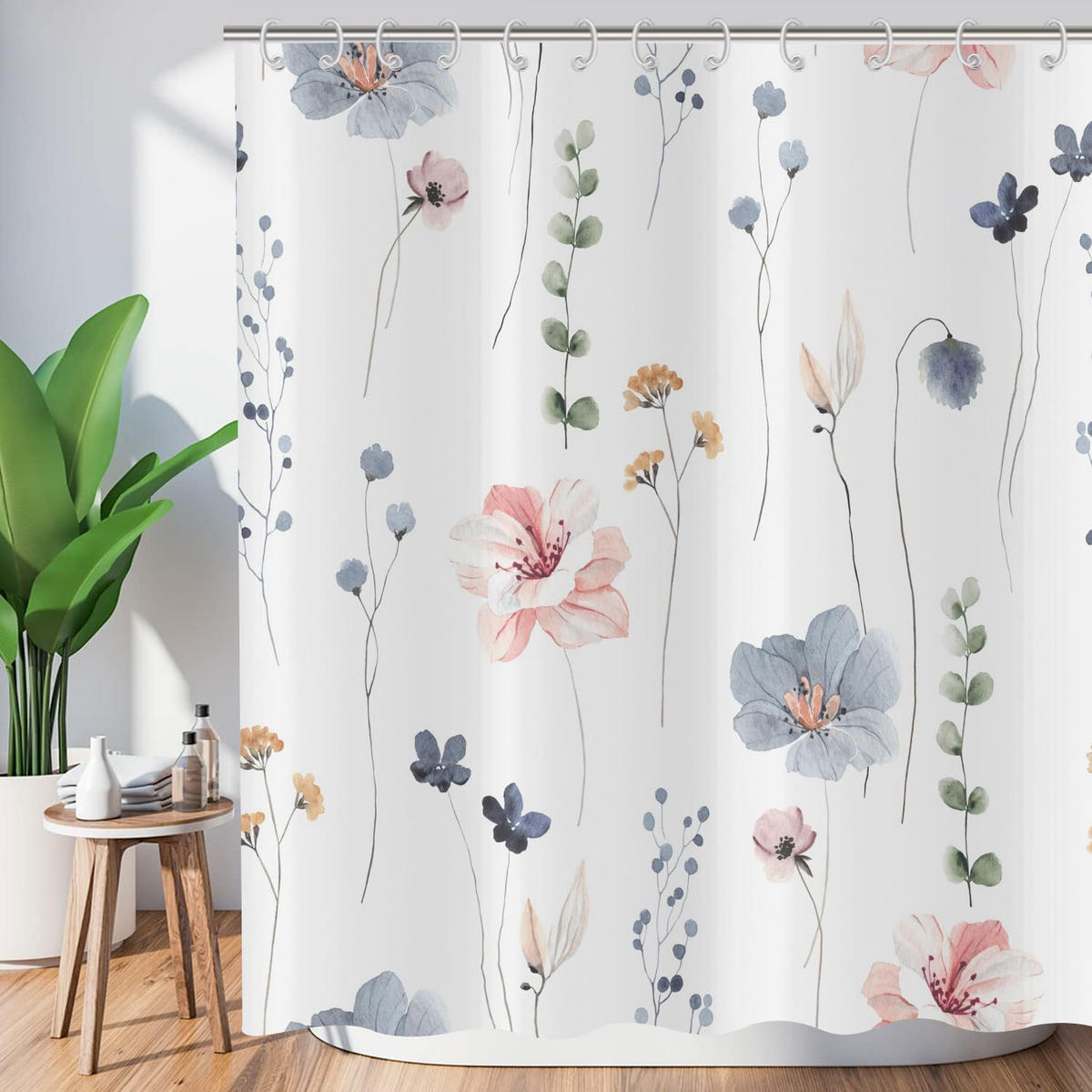 DUSCHVORHANG Blumen Muster beschwerter Saum schimmelresistent wasserabweisend waschbar Polyester fürs Badezimmer Badewanne - Weiß, Textil (200/180cm) - MCBOSON