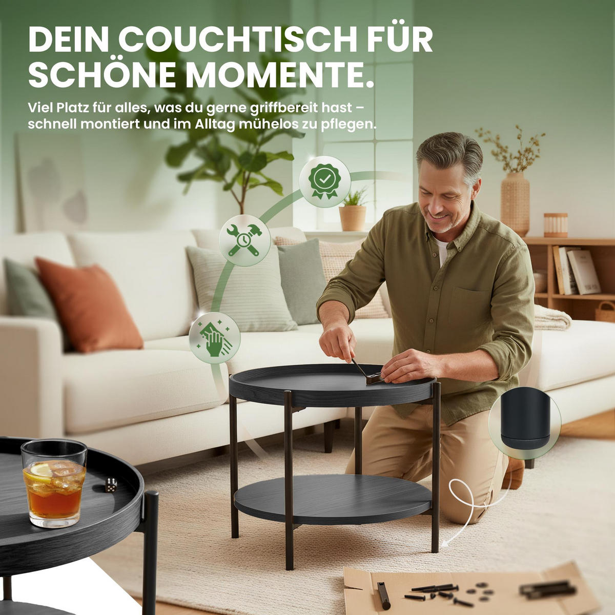 BEISTELLTISCH rund 80 cm Holz Grau - Schwarz/Grau, Holz/Metall (80/80/40cm) - CLP