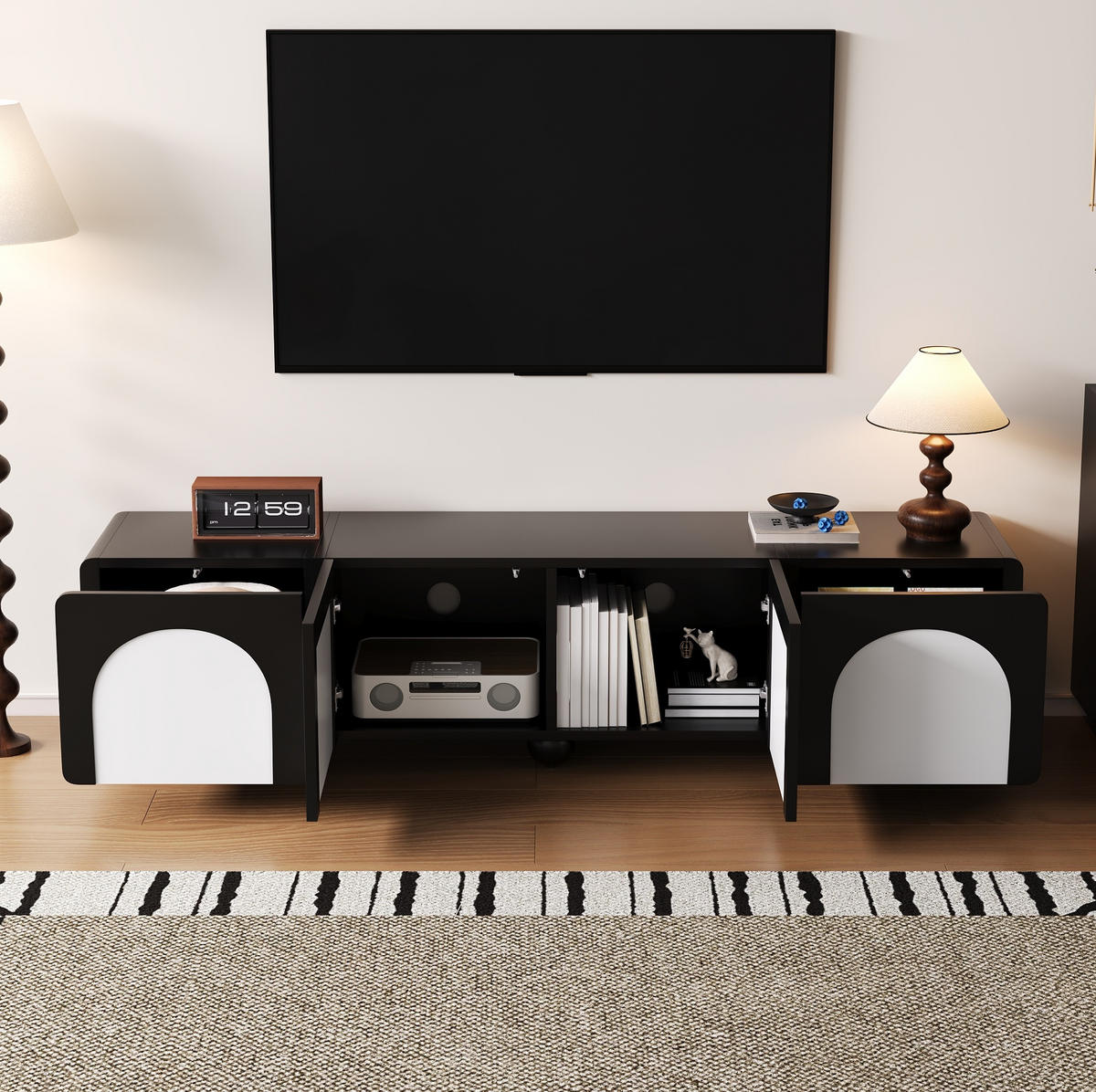 LOWBOARD 180/38/45 cm aus MDF und Holzwerkstoff mit Kabelmanagement Schwarz/Weiß - Schwarz, Holzwerkstoff (180/45/38cm) - Modenvie