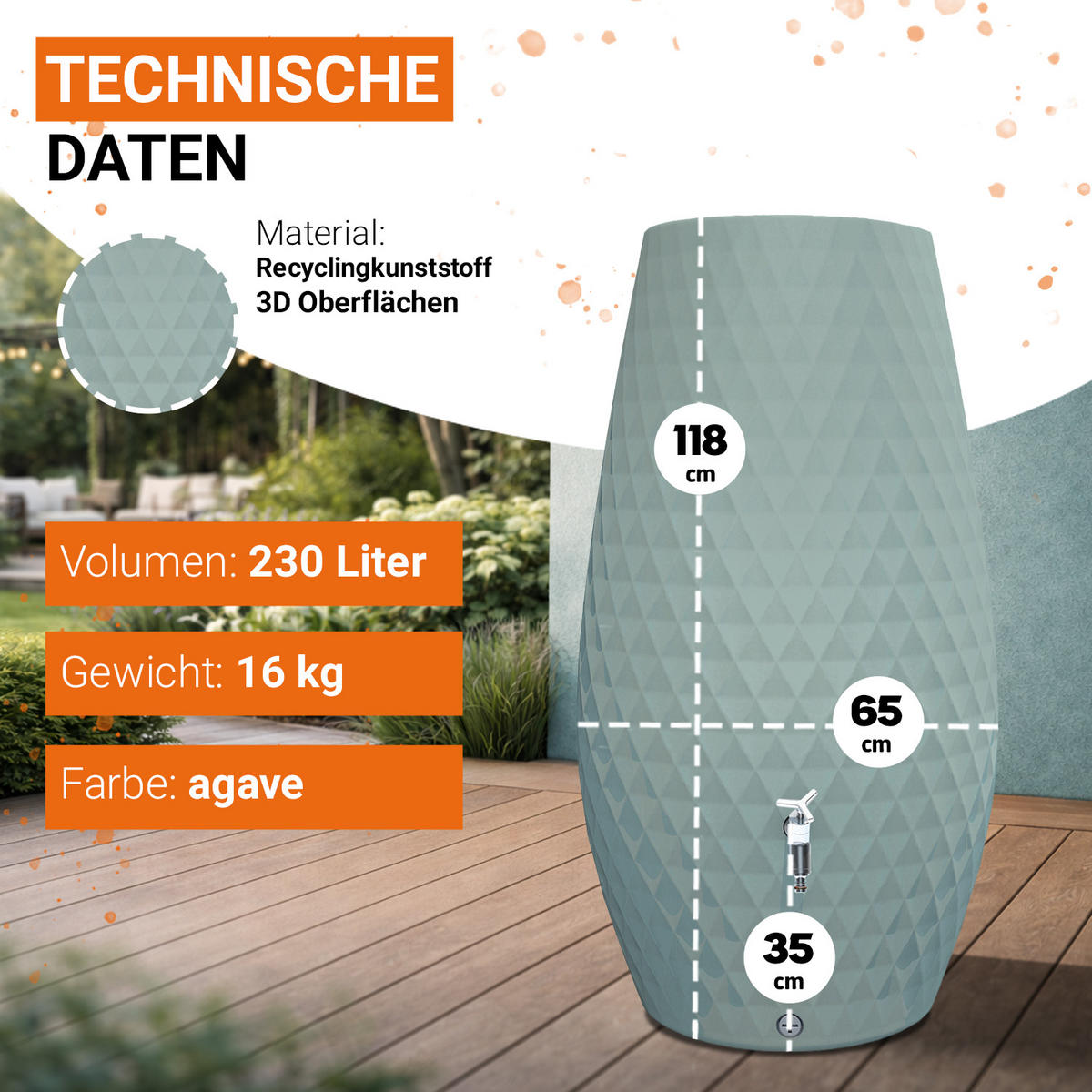 2IN1 Regentonne 230 L, agave - Grün, Kunststoff (53/118/65cm) - GARANTIA