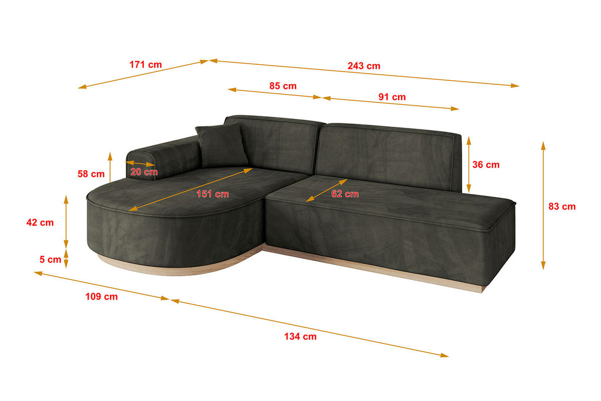 ECKSOFA Ottomane Links ARRIO-L1 - 243x171x83 cm Schwarz - Schwarz, Holzwerkstoff/Kunststoff (243/171cm) - ALTDECOR