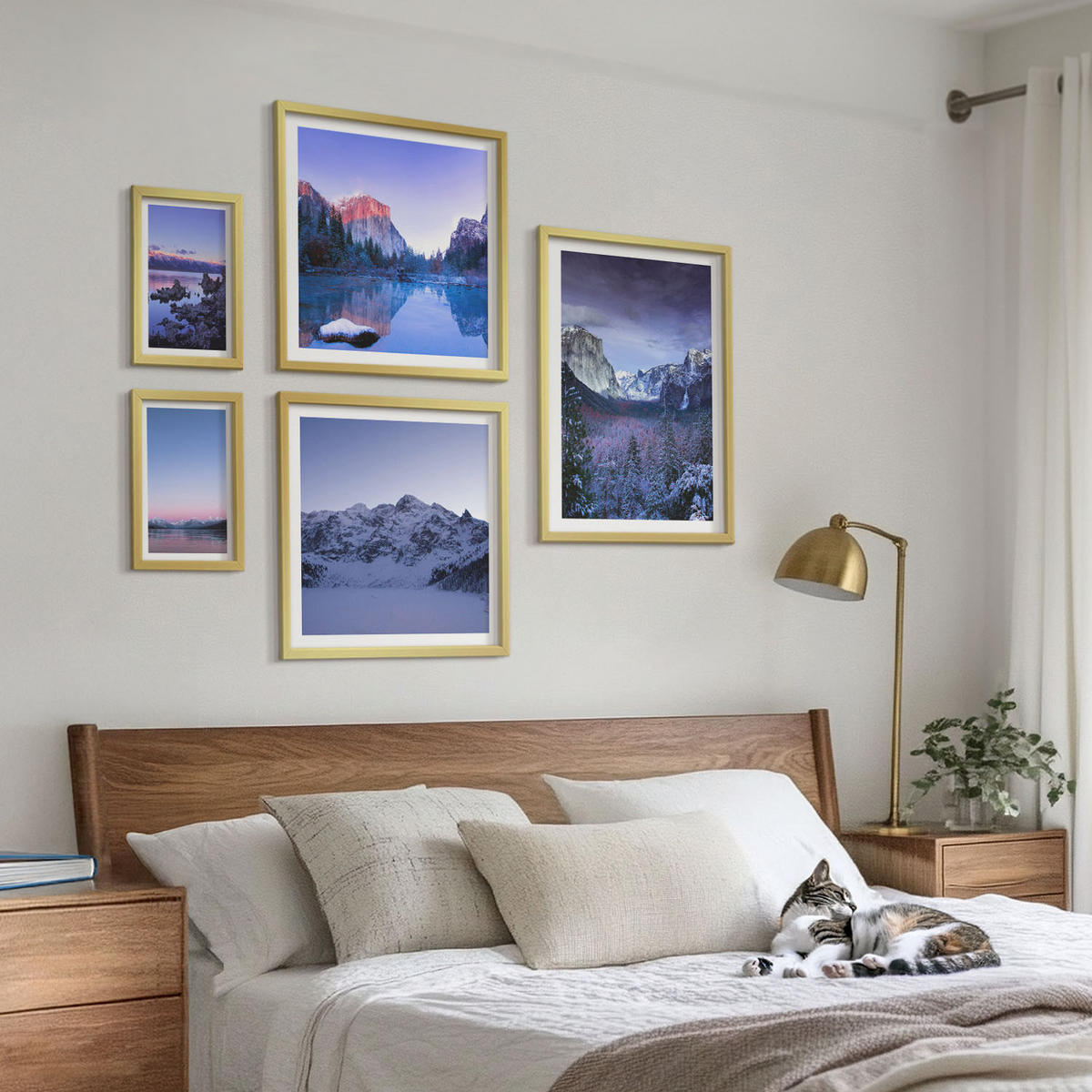 WANDBILDER 5er Set - 50x50 cm & 20x30 cm & 40x60 cm Goldrahmen - Berglandschaften, Sonnenuntergang, Wasser - Goldfarben, Kunststoff (40/60cm) - ArtPrintCave