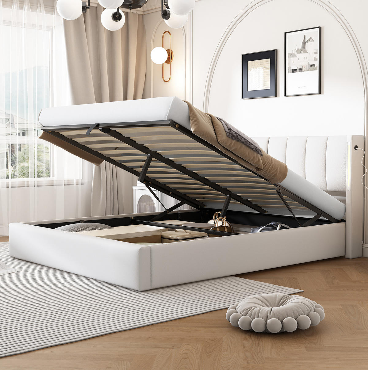POLSTERBETT mit LED-Beleuchtung 140/190 cm mit Bettkasten und verstellbarem Kopfteil - Weiß, Kunststoff (140/190cm) - BEAOK