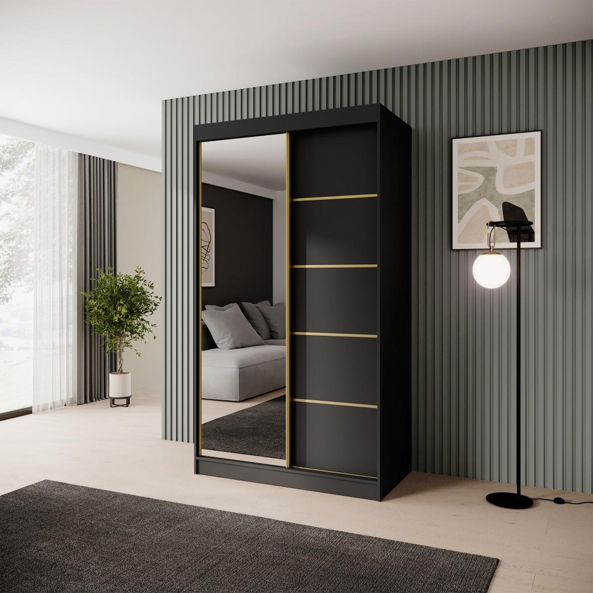 SCHWEBETÜRENSCHRANK Marika Lux, 2-Türig, mit Schubladen, Schwarz+Gold, 120 cm - Goldfarben/Schwarz, Holzwerkstoff (120/216/61cm) - Beautysofa
