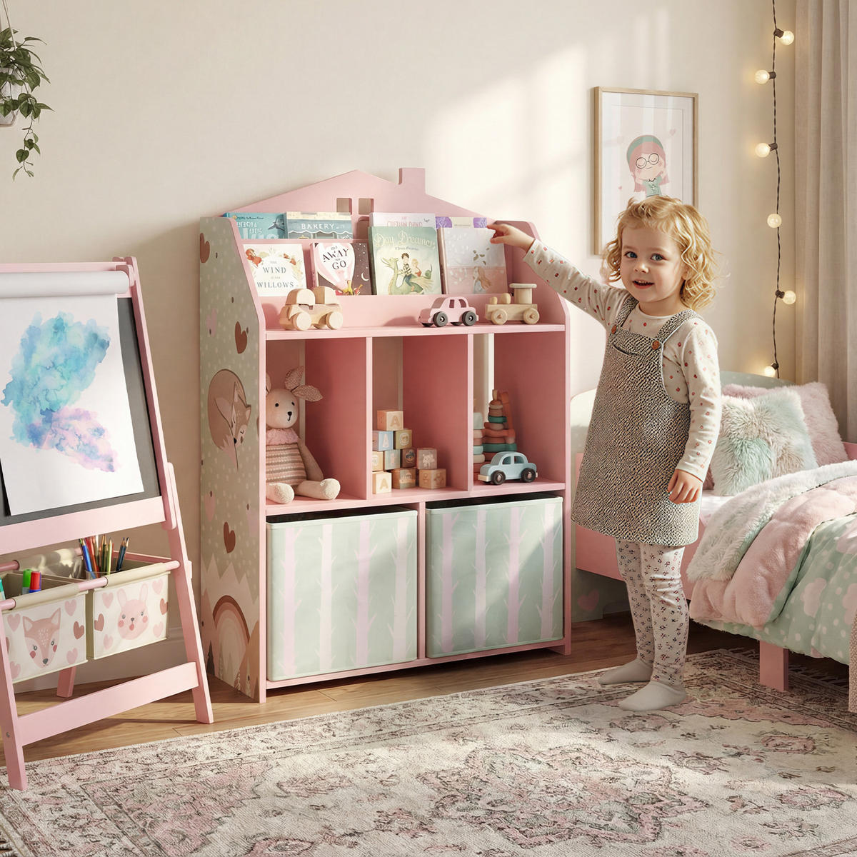KINDER-BÜCHERREGAL MDF Vliesstoff Rosa - Rosa, Holzwerkstoff/Textil (30/91.5/62.5cm) - AIYAPLAY