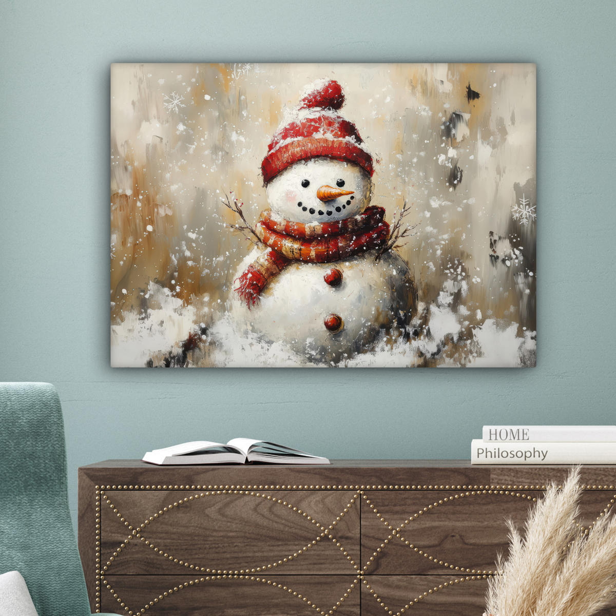 LEINWANDBILD Schneemann - Winter - Schnee - Beige Wandbilder 80x60 cm - Weiß, Textil (80/60cm) - MuchoWow