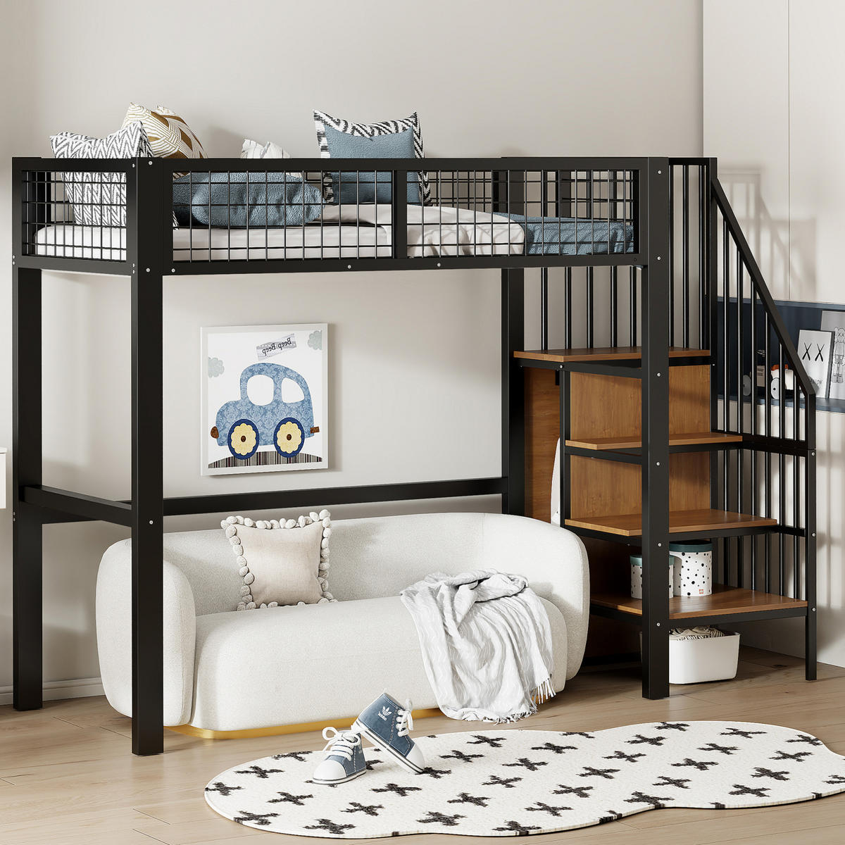 HOCHBETT 90/200 cm Schwarz aus Metall mit Leiter und Kleiderschrank - Schwarz, Metall (90/200cm) - OKMYHOME