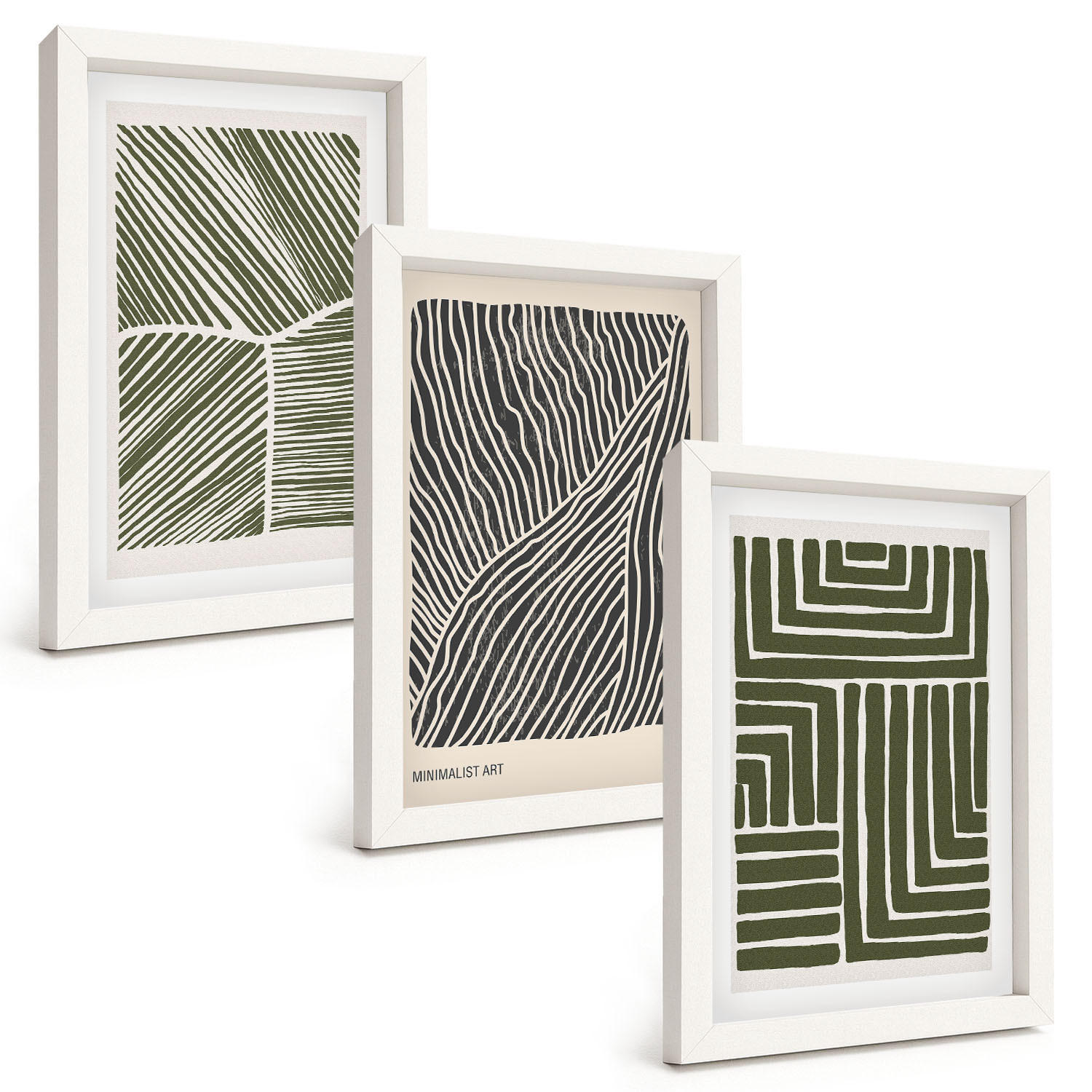 BILDER SET 3er Set - 20x30 cm Weißer Rahmen - Muster Linien Formen grün - Weiß, Kunststoff (20/30cm) - TULUP