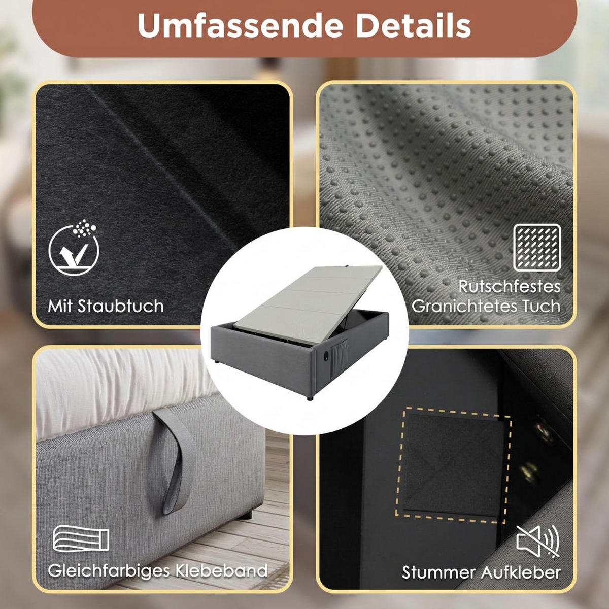 POLSTERBETT 140/200 cm Grau mit USB- C, Ohne Kopfteil - Grau, Textil (140/200cm) - Oxeza
