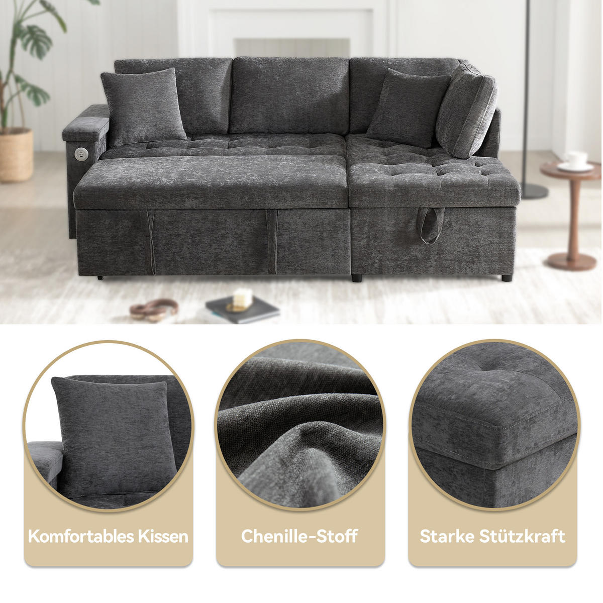 SCHLAFSOFA L-Form mit Stauraum, USB und 2 Kissen, Grau - Dunkelgrau, Textil (209/84/130cm)
