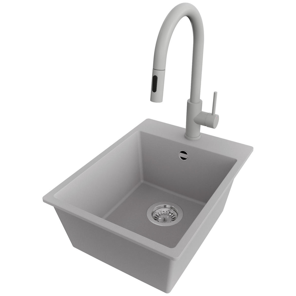 GRANITSPÜLE Riga, 2-er set Grau 38/50 cm 1 Becken + Küchenarmatur 40/20 cm + Ablauf-Set ab 40er Unterschrank - Chromfarben/Grau, Kunststoff (38/20/50cm) - Primagran