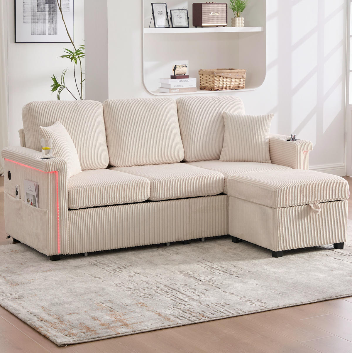 SOFA mit LED und USB/Type-C 194 x 73 x 81 cm Corduroy Beige - Beige, Kunststoff (194/81/73cm) - Meubliv