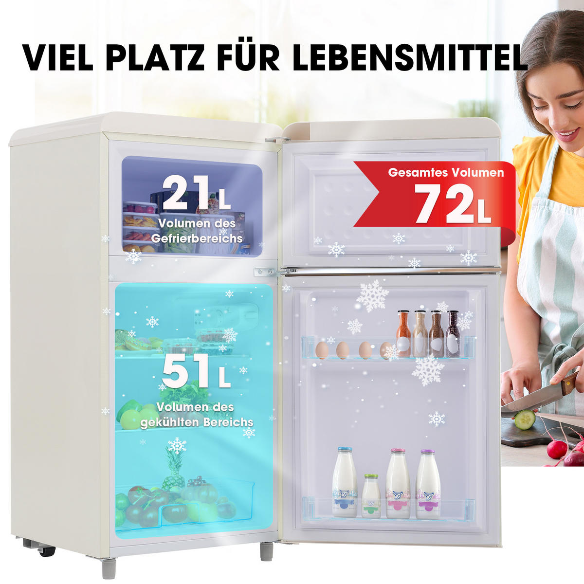 RETRO KÜHLSCHRANK 72L Doppeltür 21L Gefrier LED E Klasse - Weiß, Kunststoff (45/91/46cm) - FLIEKS