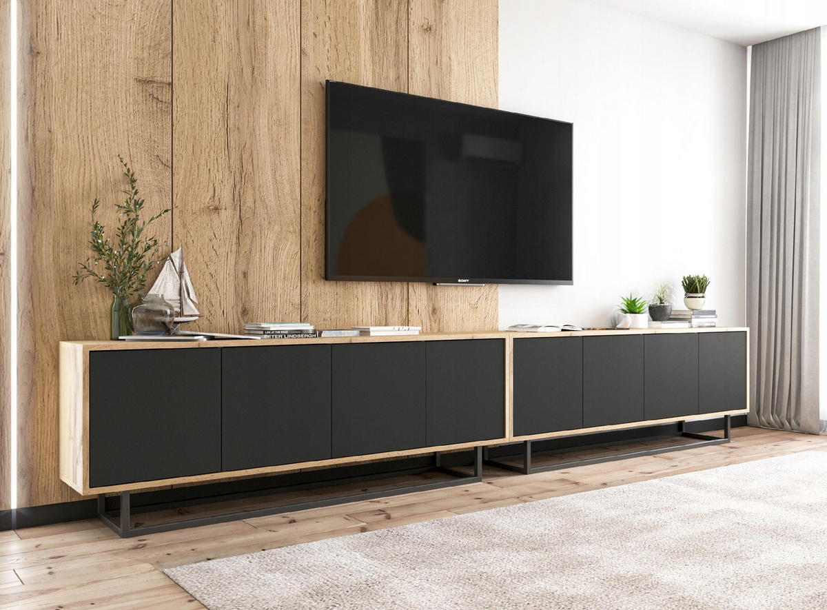 TV-SCHRANK 2-er Set Apollo2 Eiche wotan Schwarz Matt 150 cm - Schwarz, Holzwerkstoff/Metall (300/53/35cm) - Meble Lindner