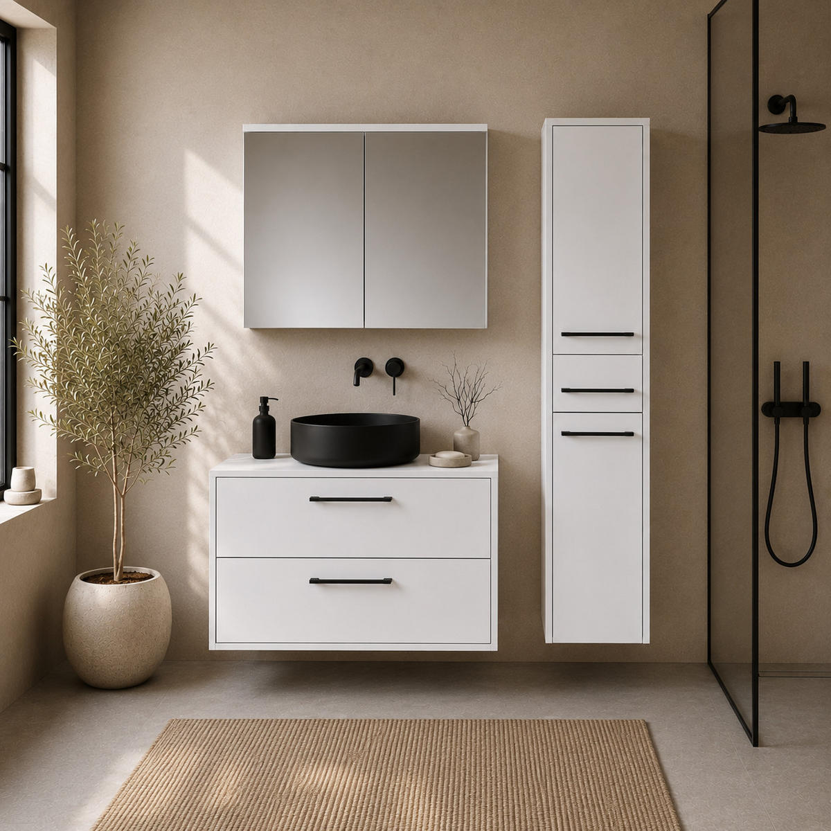 BADMÖBEL-SET Florence 3 Teile Hochglanz Weiß - 80 x 46 x 46 cm - Weiß, Holz (80/46/46cm) - Badplaats