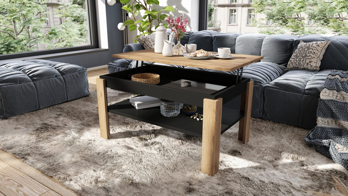 COUCHTISCH rechteckig Eiche Gold Schwarz höhenverstellbar 100/60/55 cm - Eichefarben/Schwarz, Holzwerkstoff (60/100/55cm) - designimpex